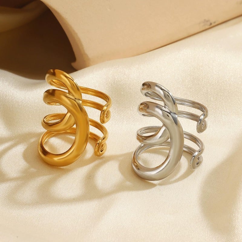 AiTURE Chunky Rings For Women, Gold Silver Thumb Ring Asymmetrical Wavy Curve Ring Adjustable Non Tarnish Dainty Stainless Steel New Year Anniversary Birthday Jewelry Gift - Image 2